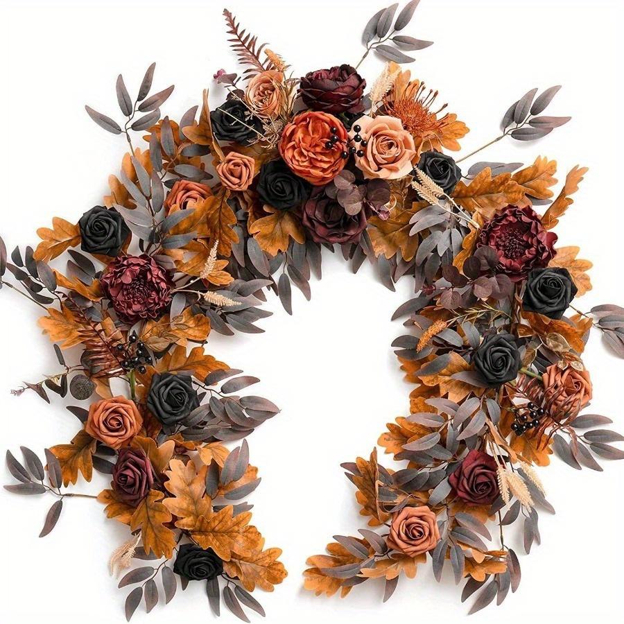 Orange Halloween artificial rose eucalyptus willow leaf garland rustic floral table runner decor