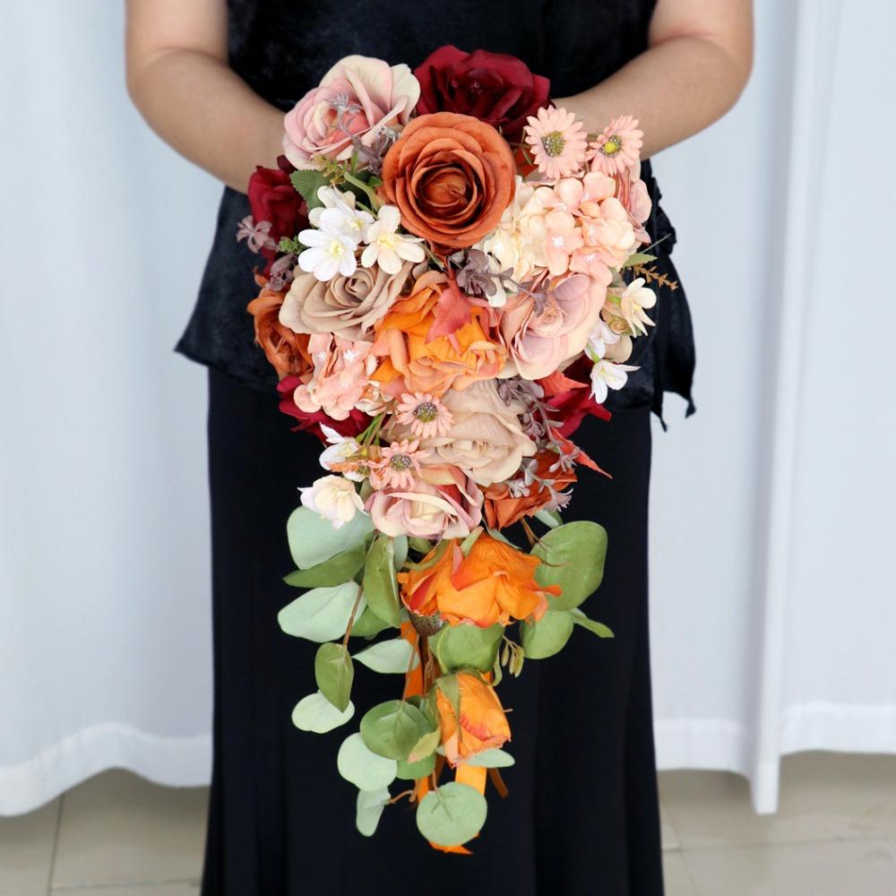 Orange handmade teardrop bridal bouquet artificial flowers for wedding ceremony anniversary