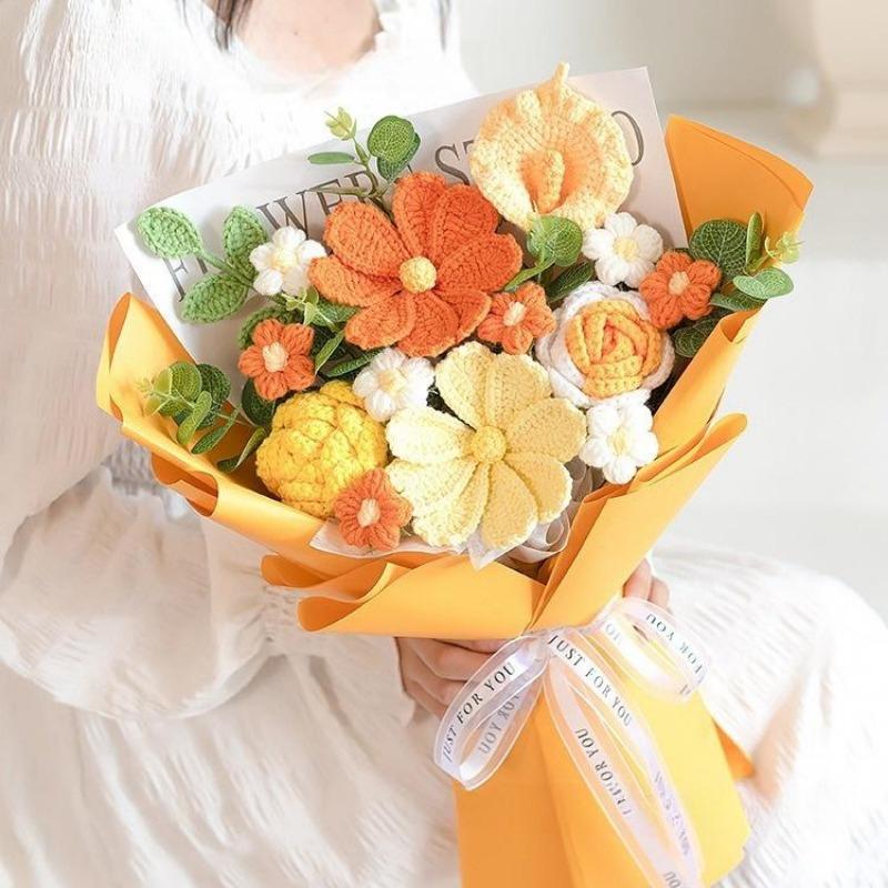 Wrapped Crochet Flowers Bouquet with Crochet Flowers, Crochet Sunflower, Lily Bouquet for Home Decor, Graduation Gifts, Gift for Women