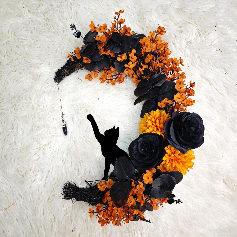 Orange Halloween bat black branch wreath glowing garland front door wall decor