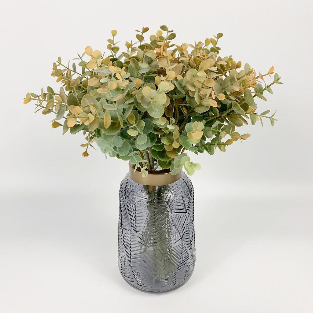 Orange artificial eucalyptus stems 4pcs in glass vase with faux water for home centerpiece decor