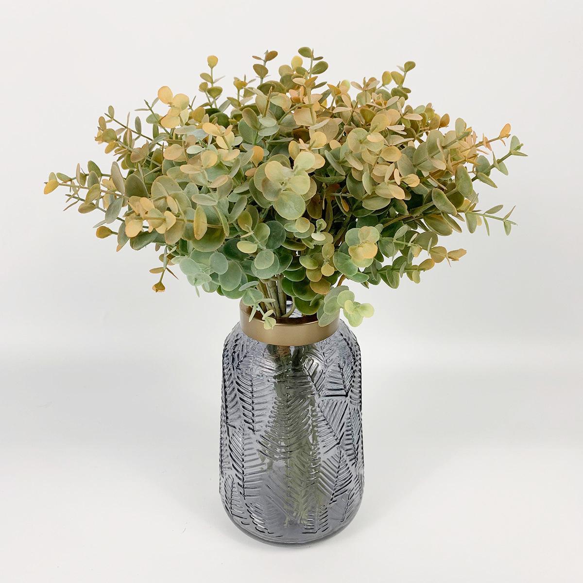 Orange artificial eucalyptus stems 4pcs in glass vase with faux water for home centerpiece decor