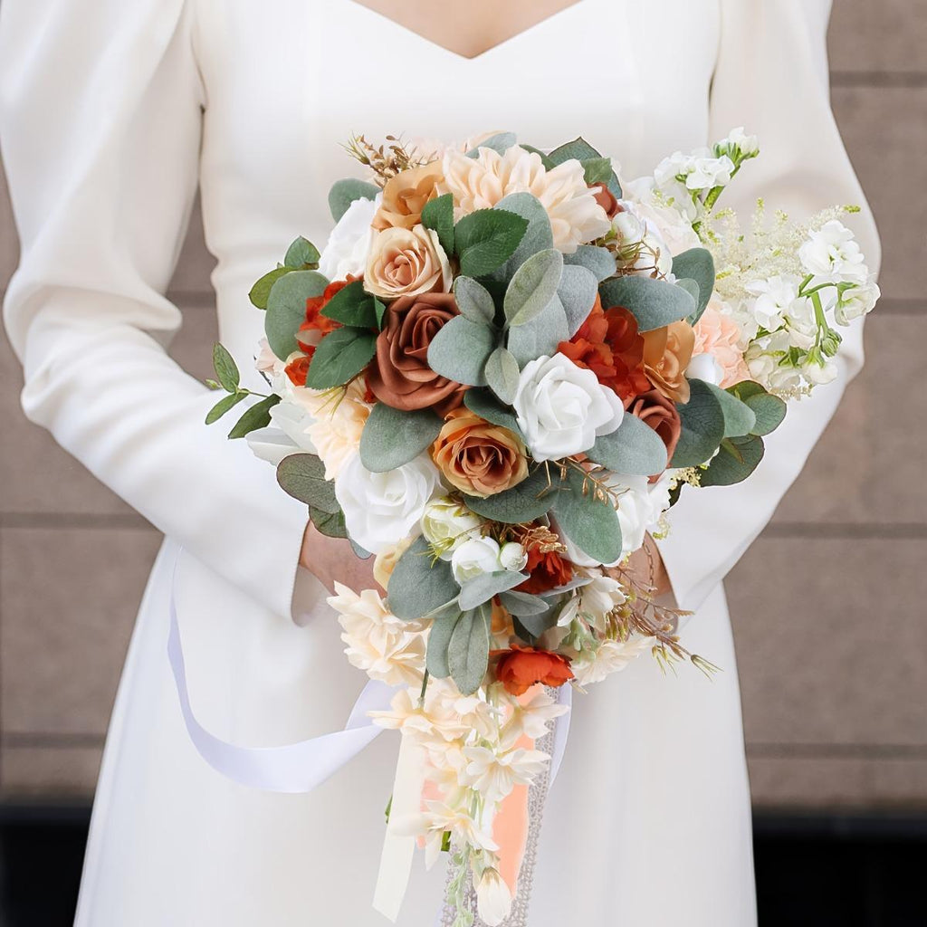 Orange artificial bridal wedding bouquet vintage floral for bride bridesmaid ceremony
