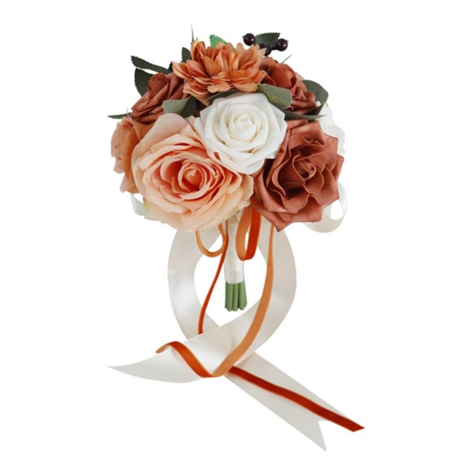 Orange artificial rose bridal bouquet for bride bridesmaid tossing wedding ceremony prom