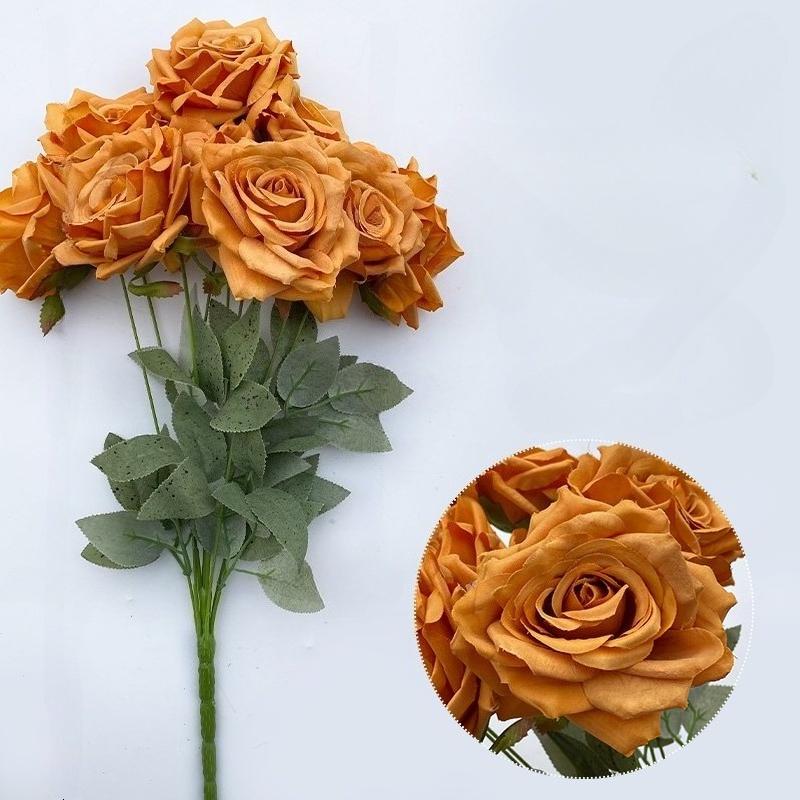 Orange artificial roses with stems for wedding centerpiece bridal bouquet home decor