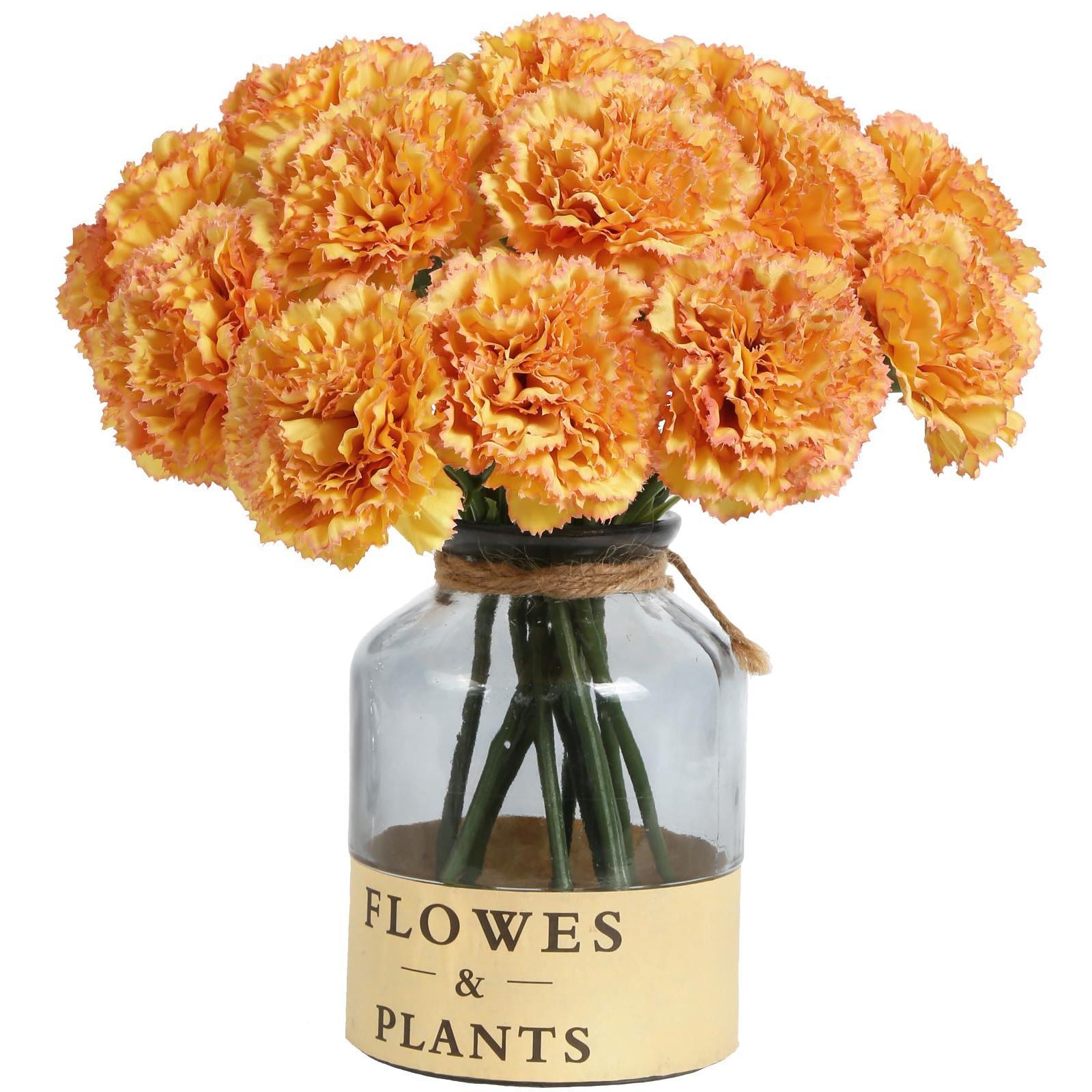 Orange artificial carnation flowers 15pcs with stems for wedding bouquet home decor party centerpiece