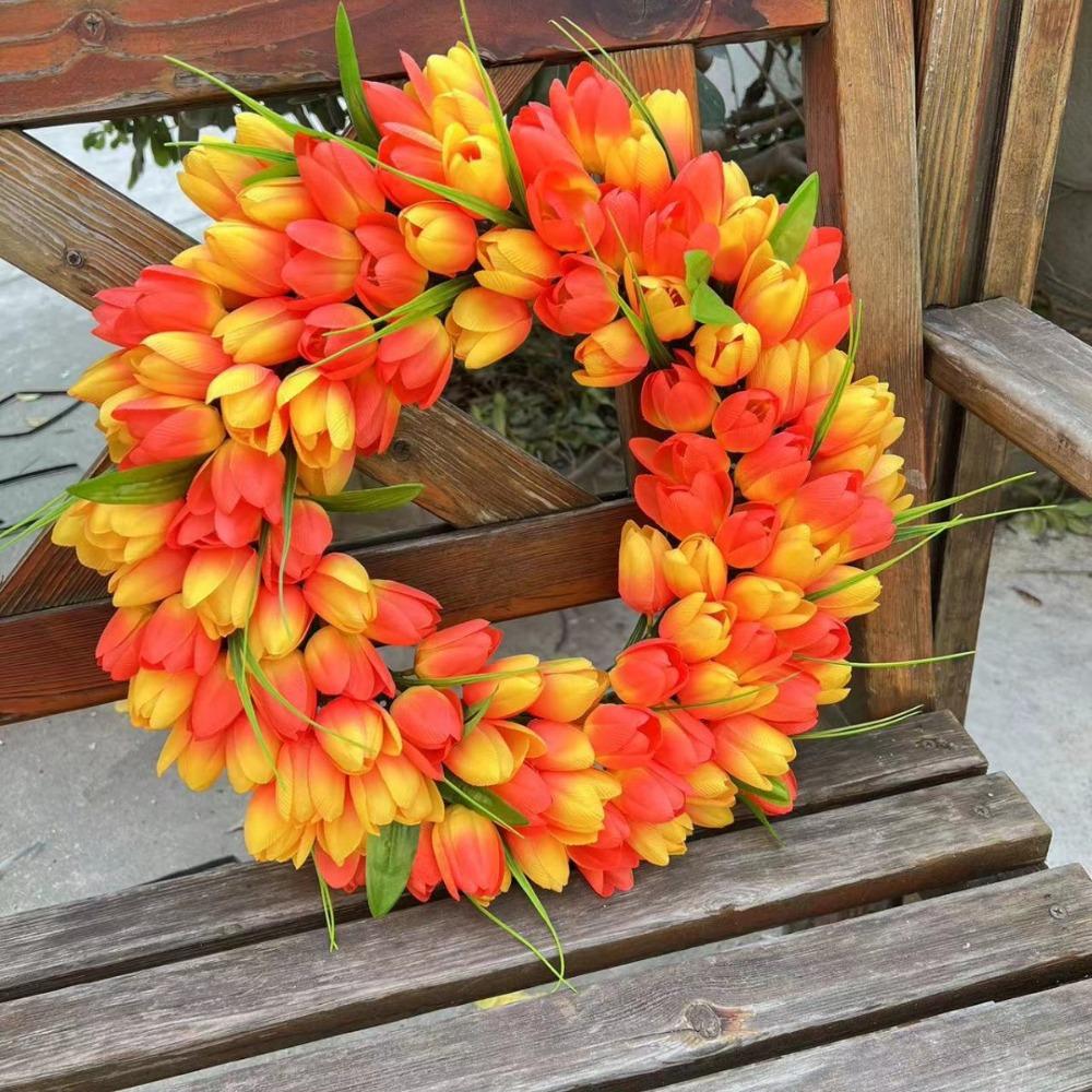 Artificial Door Wreath Spring Tulip Wreath for Front Door, Mothers Day Artificial Flower Wreaths with Pink Tulips for Wall Window Party Wedding Decor