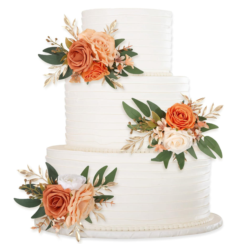 Orange terracotta artificial floral cake toppers 3pcs for wedding birthday anniversary party