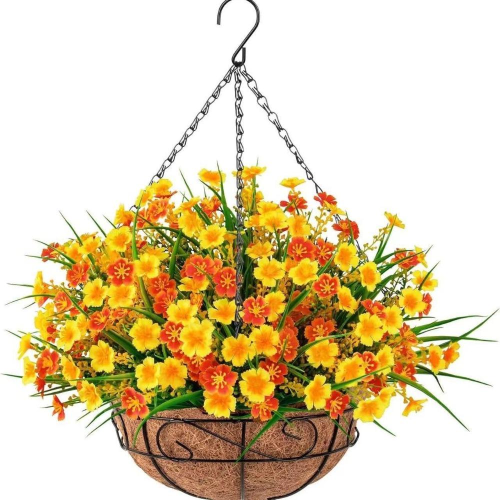 Orange artificial silk daisy eucalyptus spring hanging basket metal coconut pot for porch garden decor