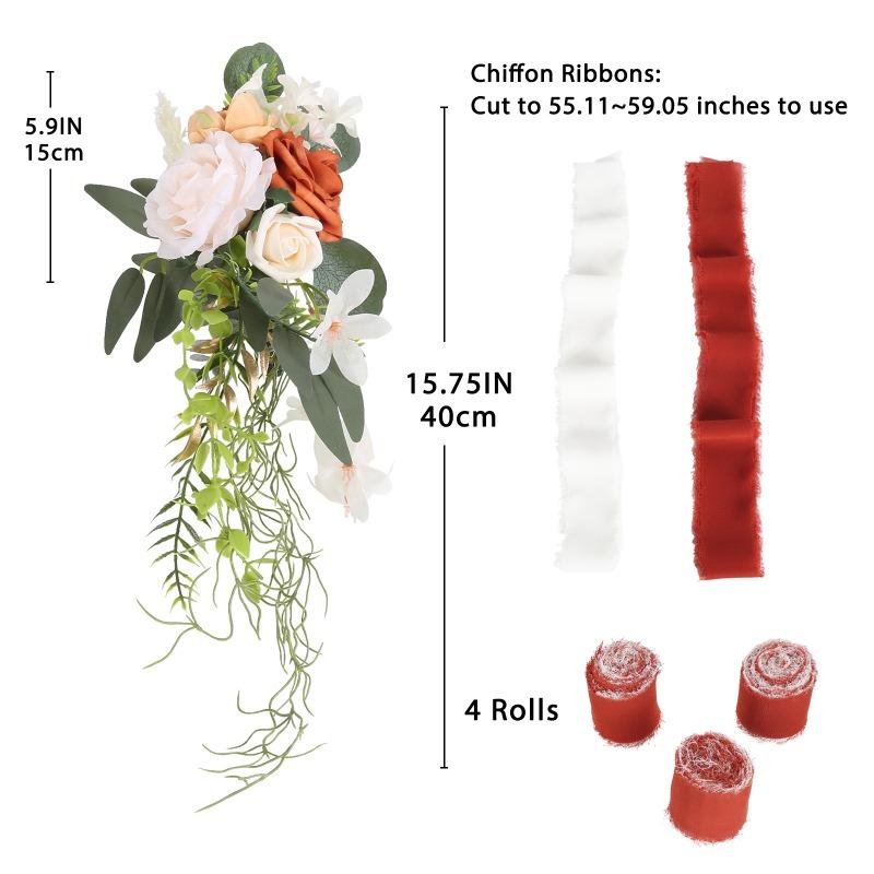 Orange artificial flower chair decoration with chiffon ribbon for wedding ceremony party