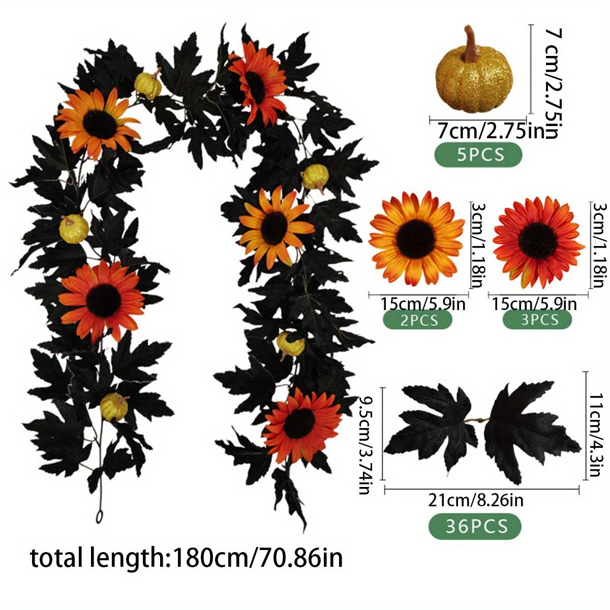 Black Halloween Garland, 5.9 Feet Artificial Black Maple Leaf Garlands, Hanging Sunflower Pumpkin Vines Ornaments Fireplace Decor Plastic Door