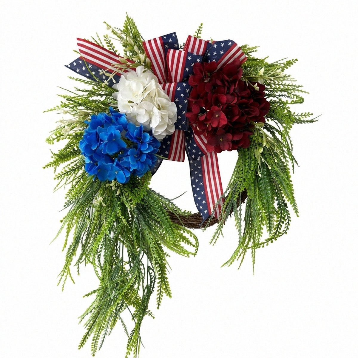 Patriotic Wreath With Red White Blue Hydrangea And Flag Bow for front door decor by IPOPU
