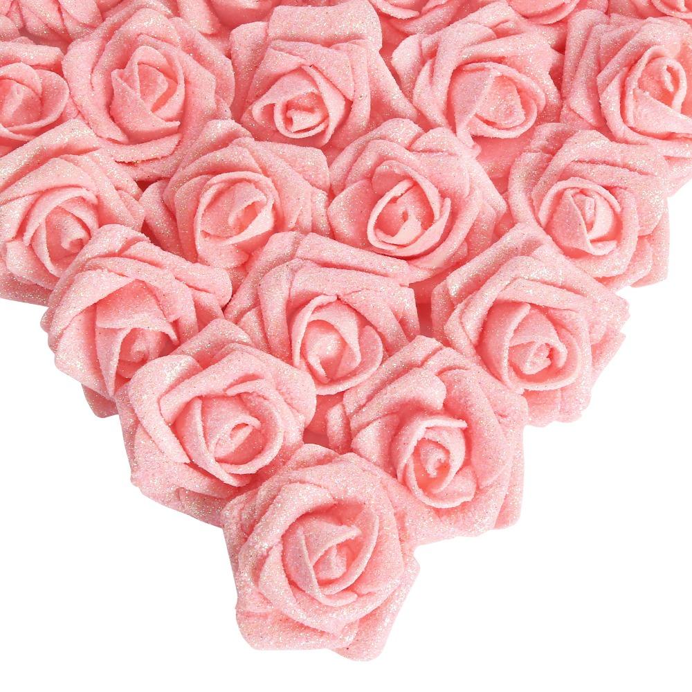 Pink glitter artificial roses 25pcs with stem for wedding bridal bouquet party decor