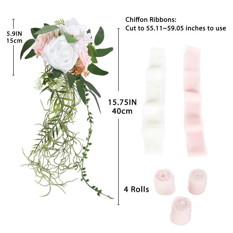 Pink artificial flower chair decoration with chiffon ribbon for wedding banquet decor