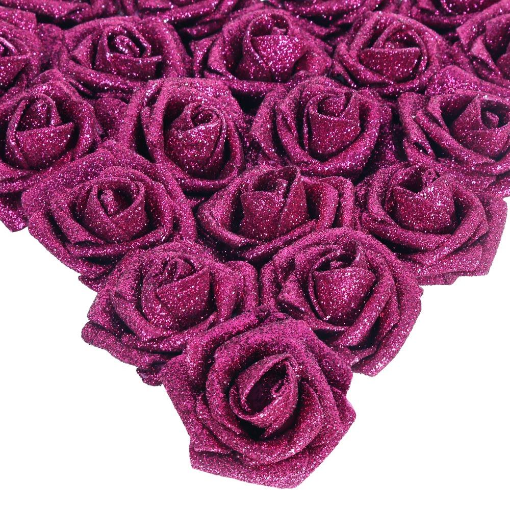 Pink glitter artificial roses 25pcs with stem for wedding bridal bouquet party decor