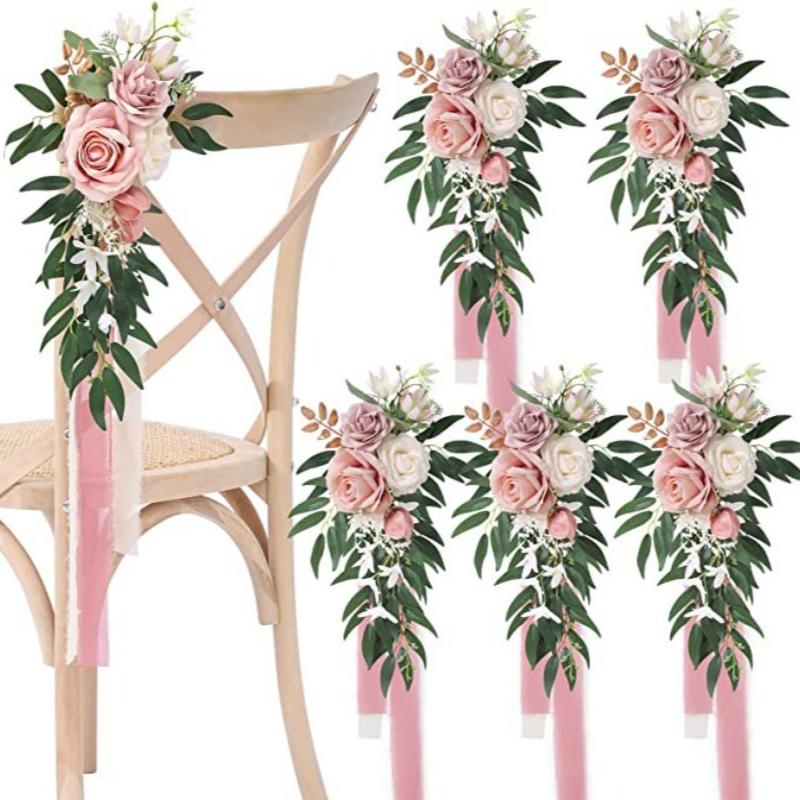 Pink artificial flower chair decoration with chiffon ribbon for wedding banquet decor