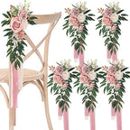 Pink artificial flower chair decoration with chiffon ribbon for wedding banquet decor