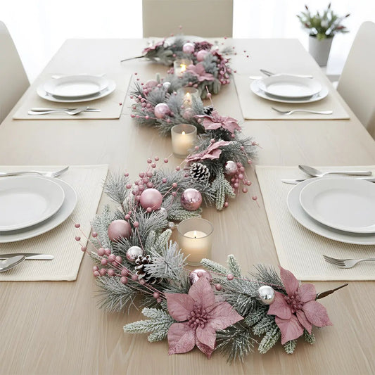 Pink Christmas Garland Styled as Table Runner with Candles and Place Settings
