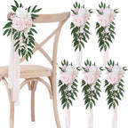 Pink artificial flower chair decoration with chiffon ribbon for wedding ceremony party