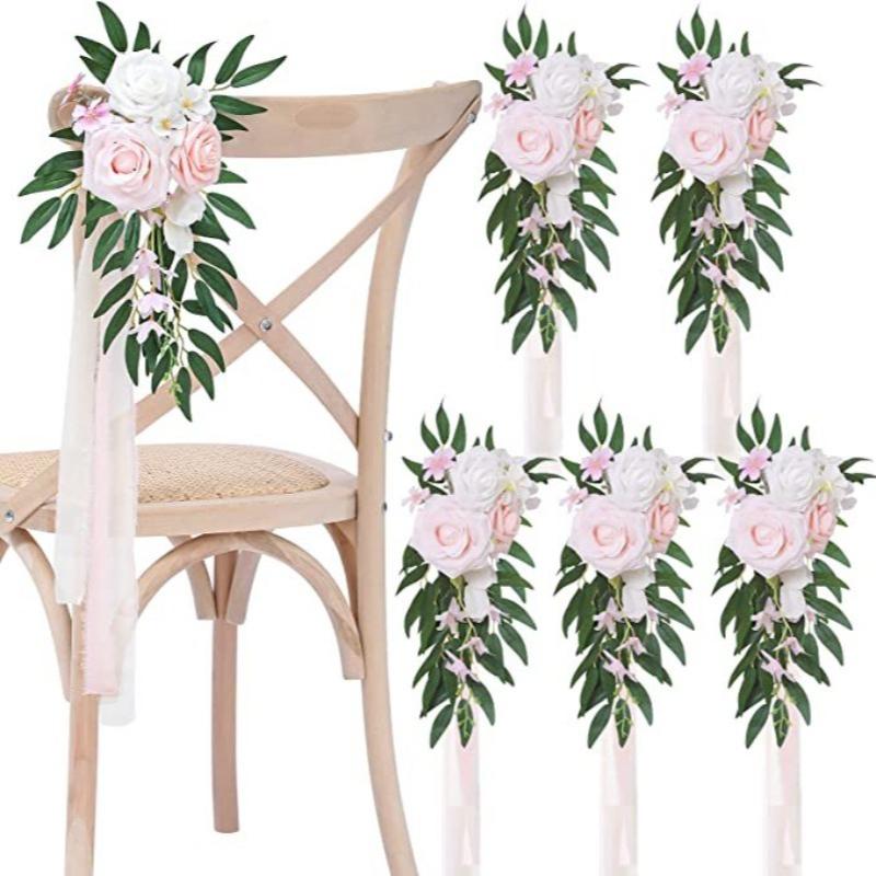 Pink artificial flower chair decoration with chiffon ribbon for wedding ceremony party