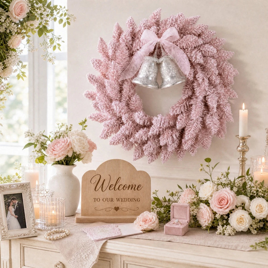 Pink Flocked Christmas Wreath with Crystal Bell