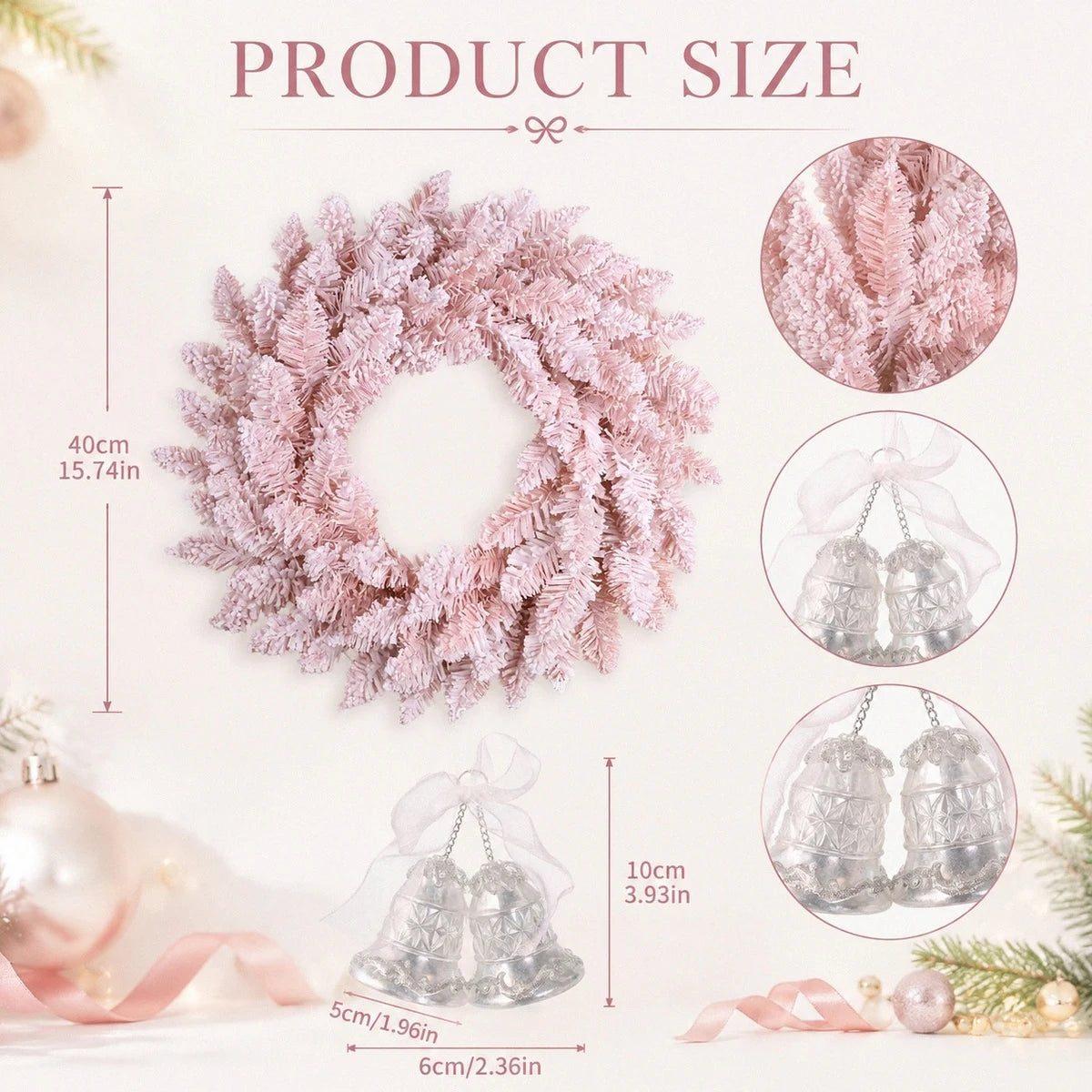 Pink Flocked Christmas Wreath with Crystal Bell