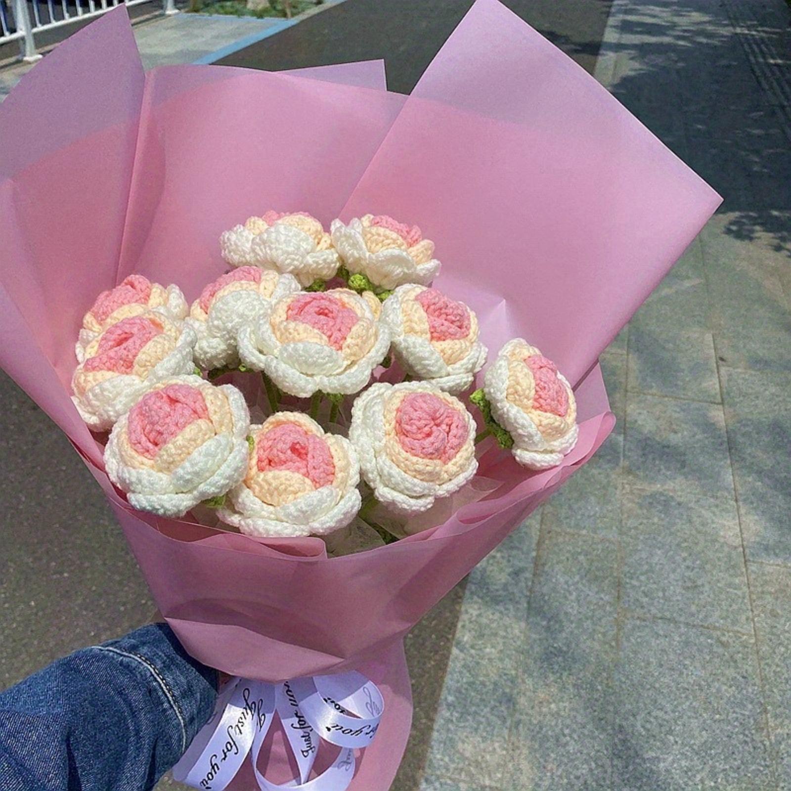 Pink handmade crochet cotton rose bouquet set of 6 for birthday and Valentine's Day gift
