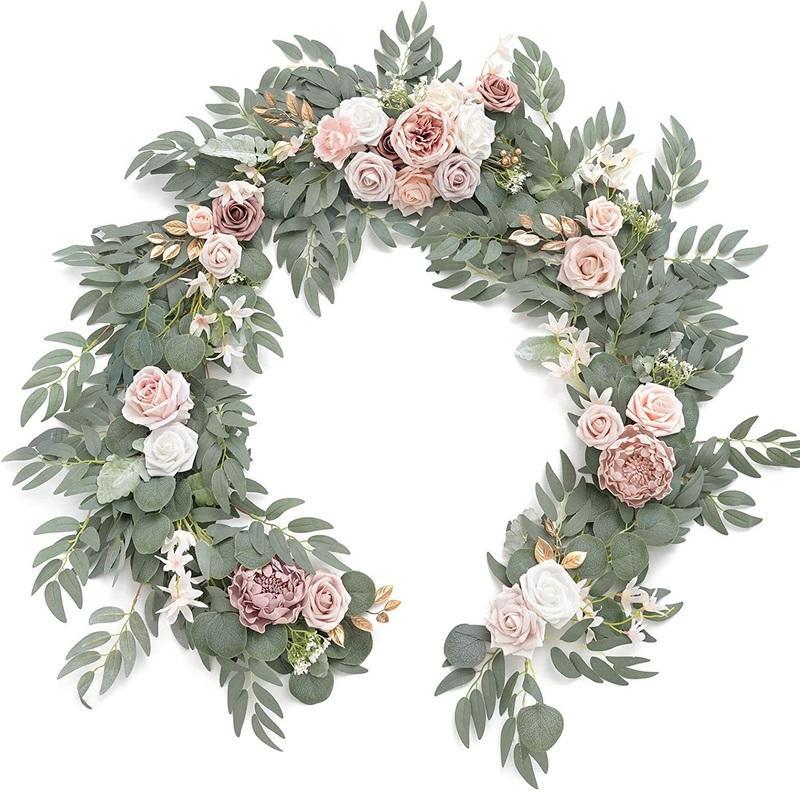 Pink 6ft eucalyptus willow leaf garland with white flowers for wedding table decor