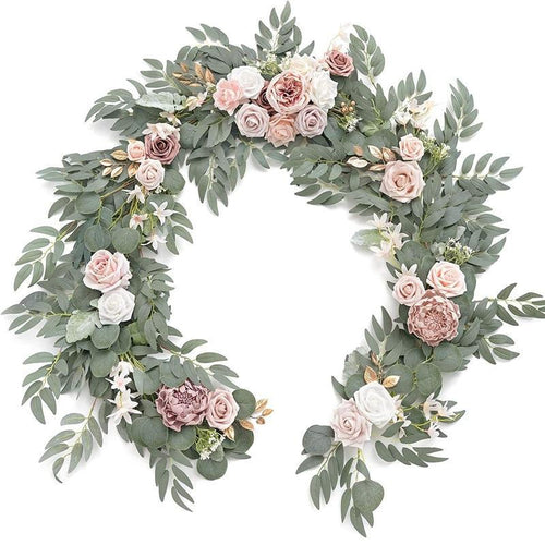 Pink 6ft eucalyptus willow leaf garland with white flowers for wedding table decor