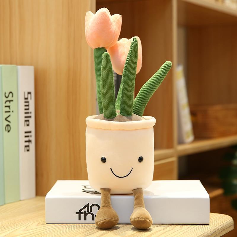 Tulip Flower Pot Stuffed Throw Plushie Pillow Doll, Soft Fluffy Plant Friend Hugging Cushion - Present for Every Age & Occasion