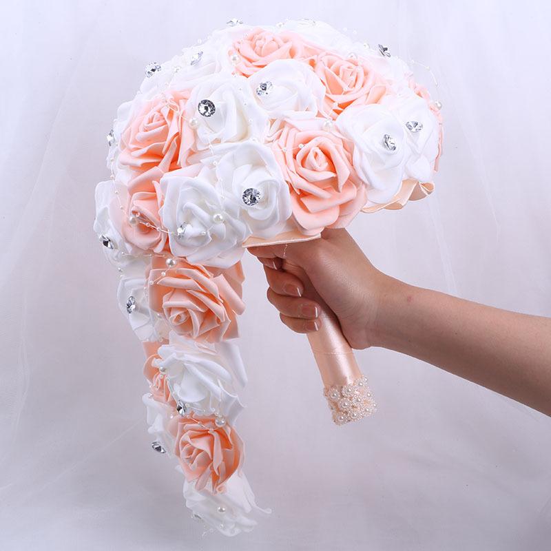 Pink PE foam pearl rhinestone bridal bouquet for wedding bridesmaid church ceremony DIY