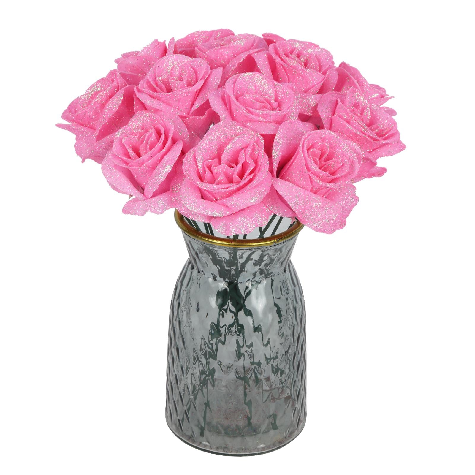 Pink glitter rose bouquet 30pcs with stems for wedding Valentine's Day party home decor