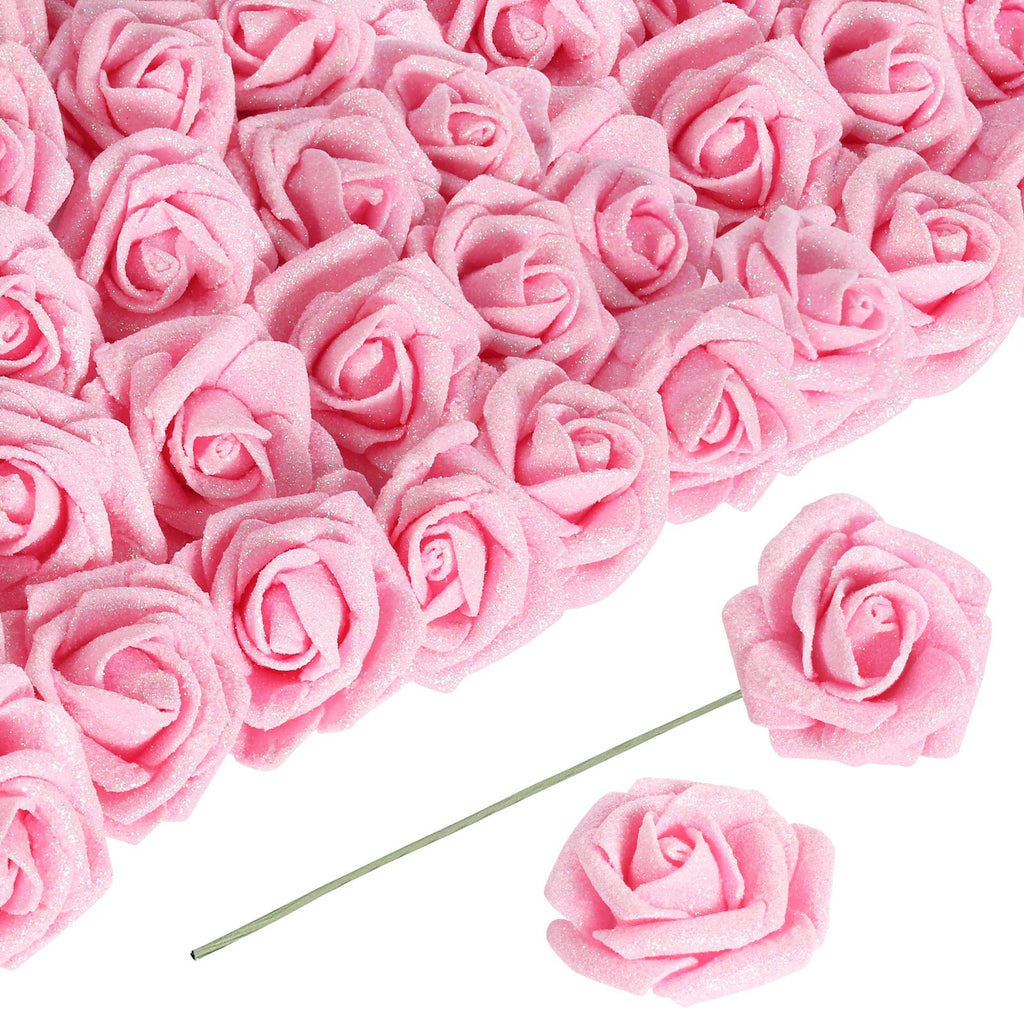 Pink glitter foam roses 30pcs 3.15in artificial flowers for wedding Valentine's Day decor