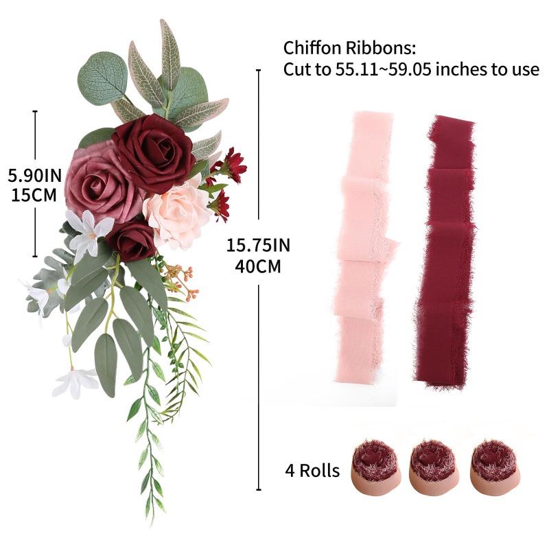 Pink artificial flower chair decoration with chiffon ribbon for wedding ceremony party
