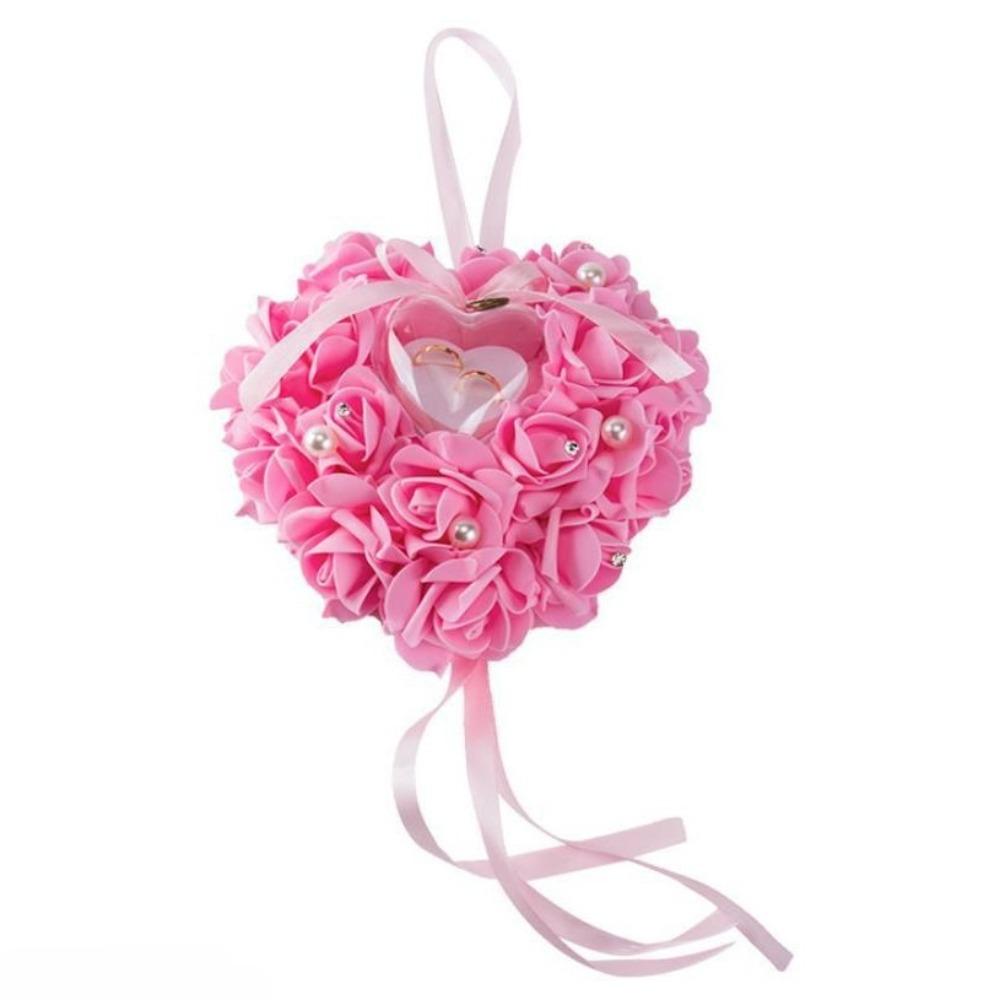 Pink wedding ring pillow lace crystal rose love heart ring box ceremony gift