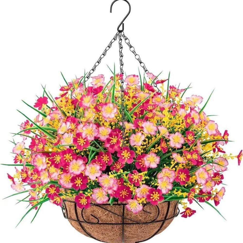 Pink artificial silk daisy eucalyptus spring hanging basket metal coconut pot for porch garden Easter decor