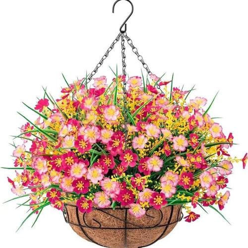Pink artificial silk daisy eucalyptus spring hanging basket metal coconut pot for porch garden Easter decor