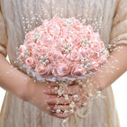 Pink luxury rhinestone and pearl bridal bouquet for bride and bridesmaid wedding flowers
