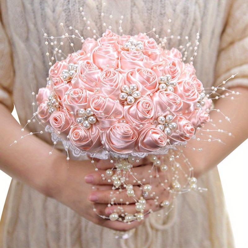 Pink luxury rhinestone and pearl bridal bouquet for bride and bridesmaid wedding flowers
