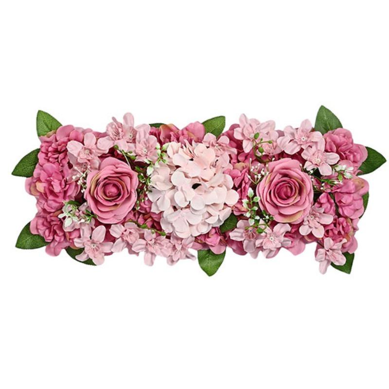 Pink faux rose flower row arrangement for wedding table and bridal shower decor
