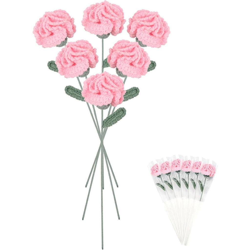 Pink handmade crochet carnation flowers 6pcs 16.9 inch bendable stem for vase table home decor