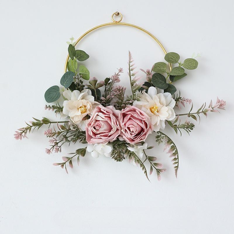 Pink iron rose wreath simulation flower wall hanging basket for home door and wedding decor
