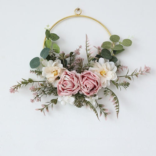 Pink iron rose wreath simulation flower wall hanging basket for home door and wedding decor
