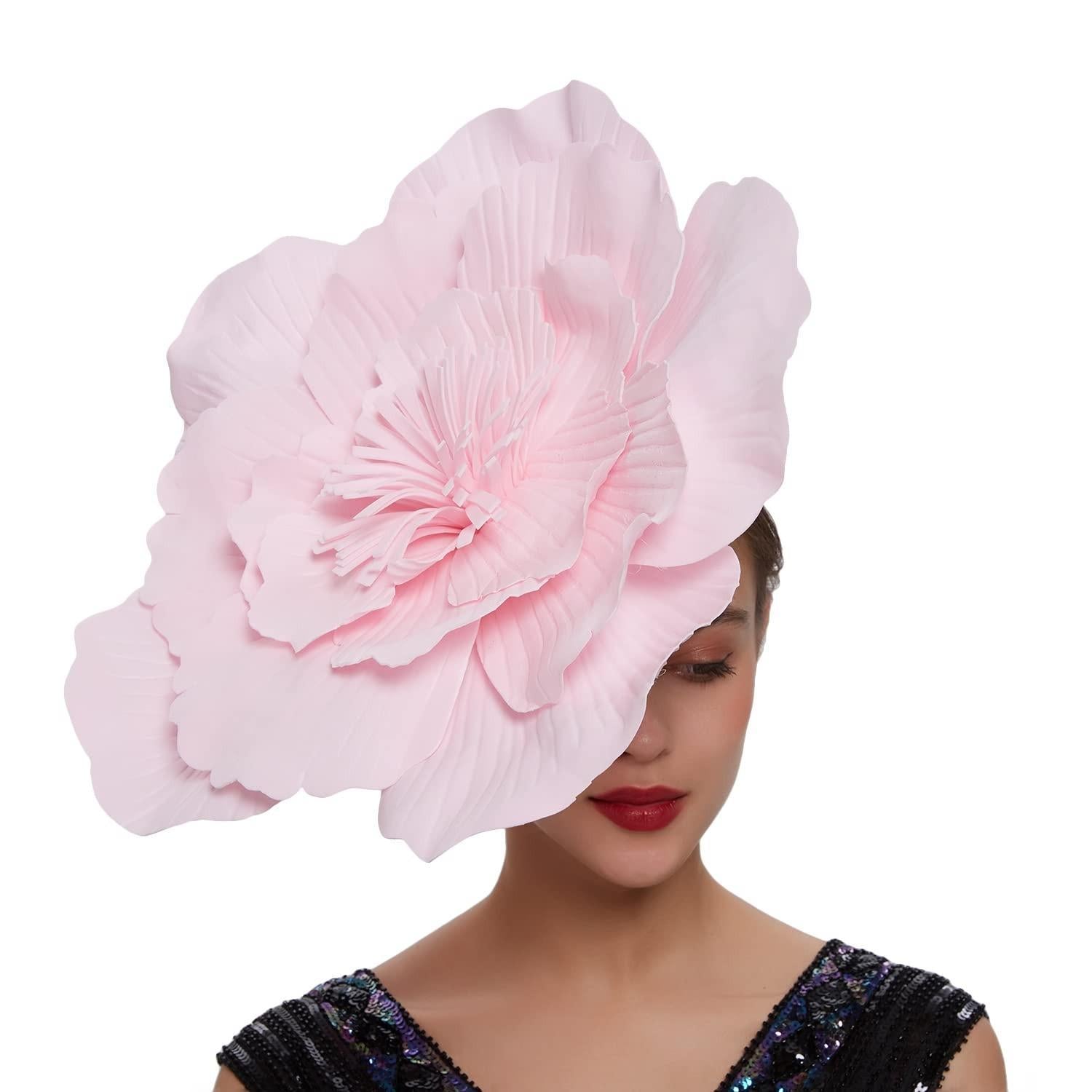 Pink large flower fascinator hat for women girls tea party and wedding events
