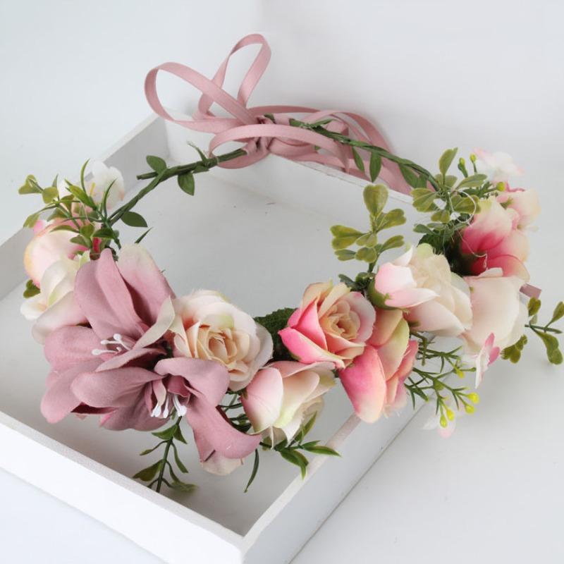Pink boho rose flower crown headband halo for wedding bridal and festival
