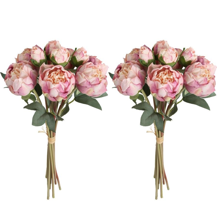 Pink artificial peony silk flowers 2 bouquets 10 heads with stems for wedding decoration arrangement