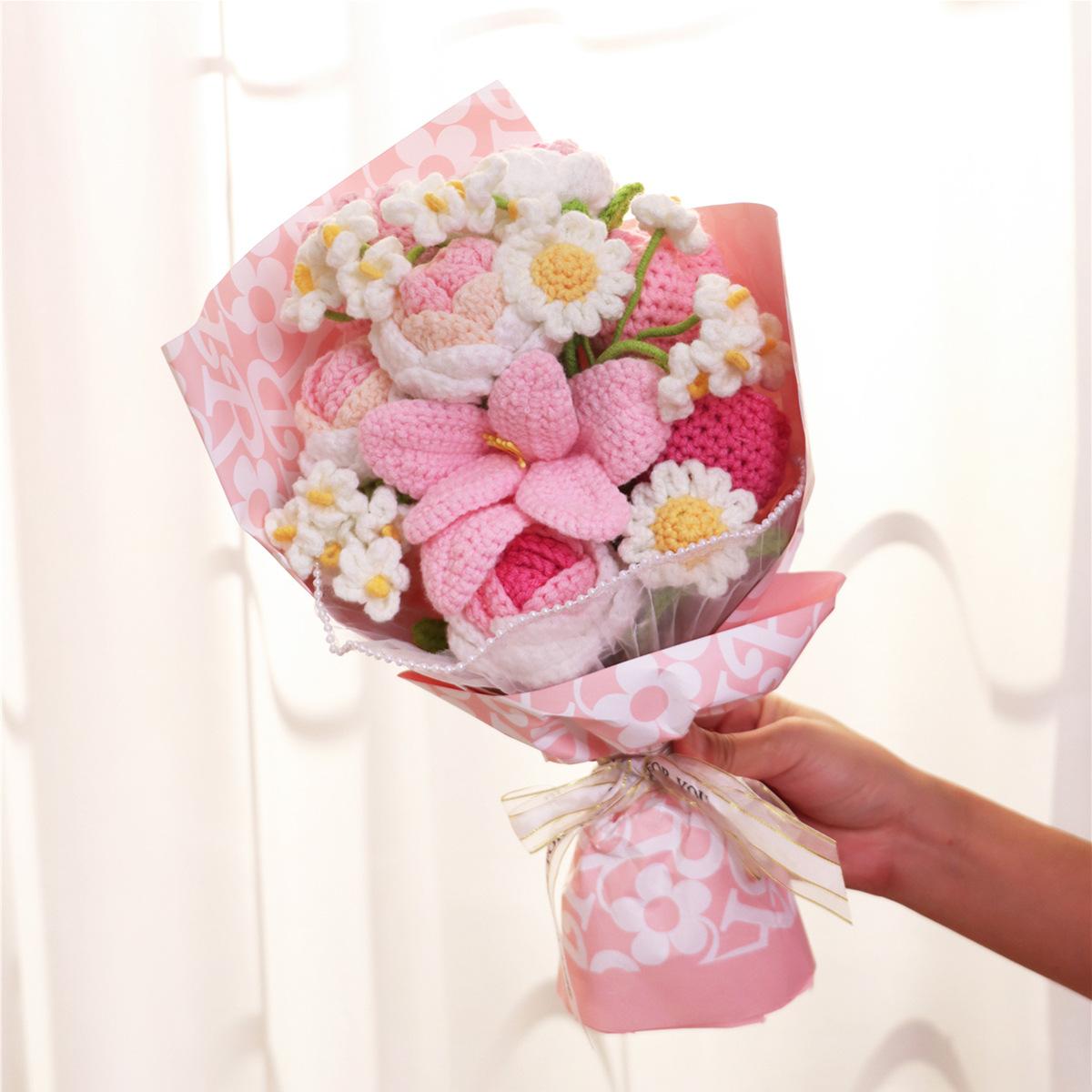Pink handmade crochet flower bouquet eternal flowers home wedding anniversary gift decor