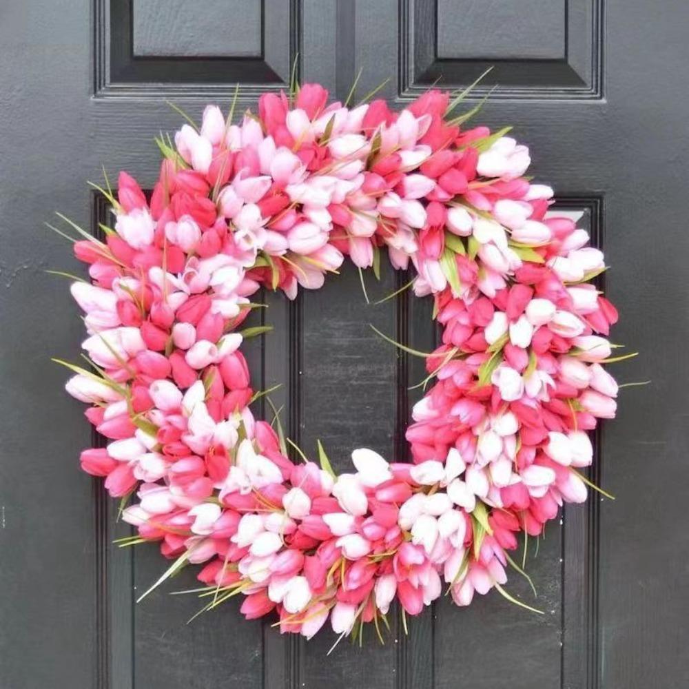 Artificial Door Wreath Spring Tulip Wreath for Front Door, Mothers Day Artificial Flower Wreaths with Pink Tulips for Wall Window Party Wedding Decor