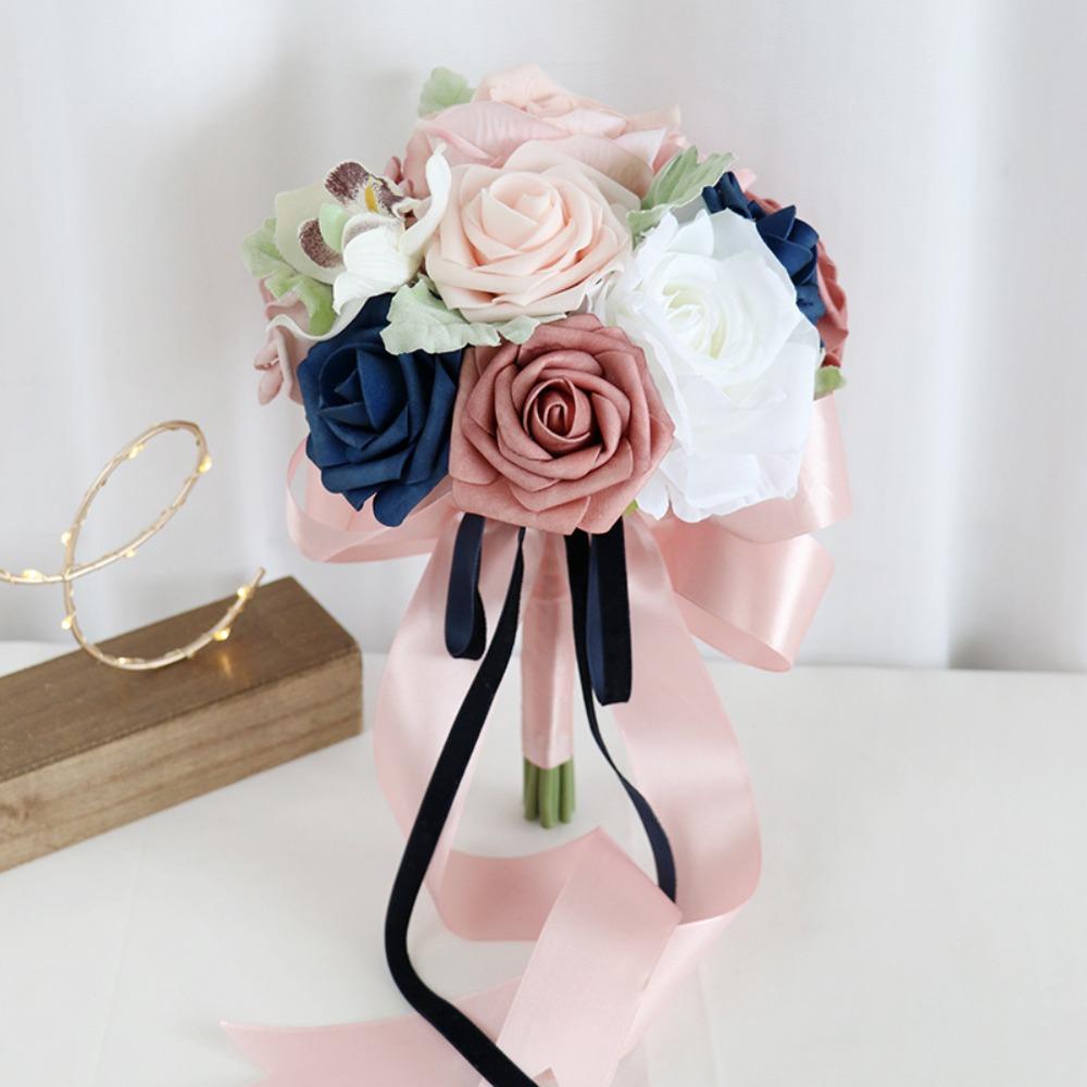 Pink artificial rose bridal bouquet for bride bridesmaid tossing wedding ceremony prom