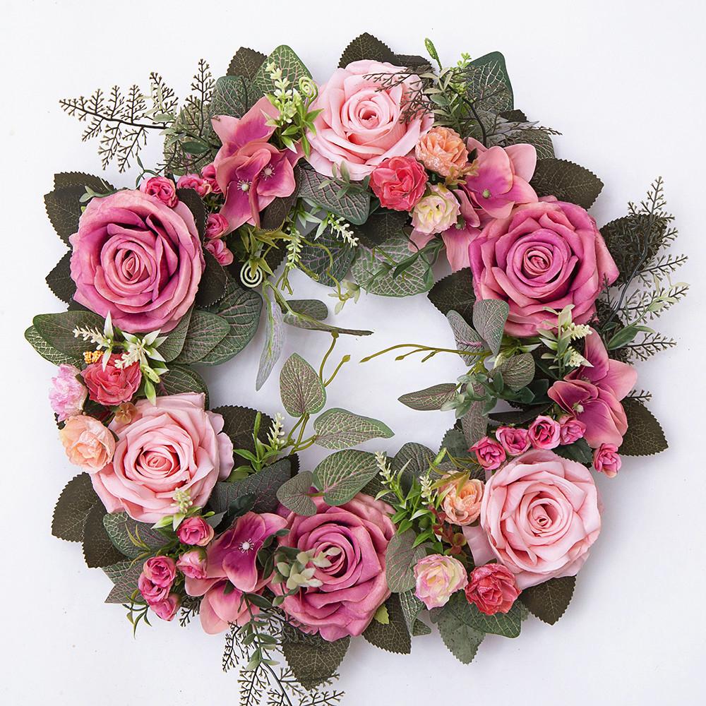 Pink artificial rose ring wreath front door summer floral wedding home decor